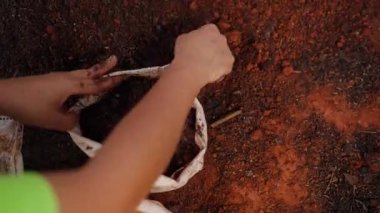 Bahçeye hazırlanmak için beyaz bir bitki torbasına dökülen toprağın yakın plan görüntüsü. Toprağın zengin dokusu ve temiz kurulum, bahçıvanlık dersleri için mükemmel bir başlangıç ekimi sürecini vurgular.