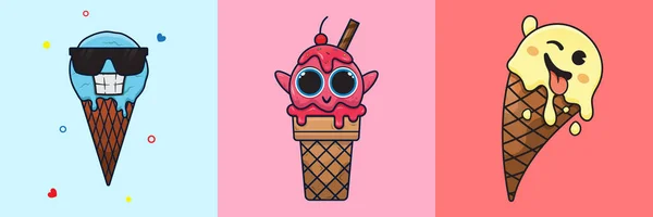 Cool Happy Wink Ice Cream Emotes Vanilla Mint Chip Strawberry — Stock Vector