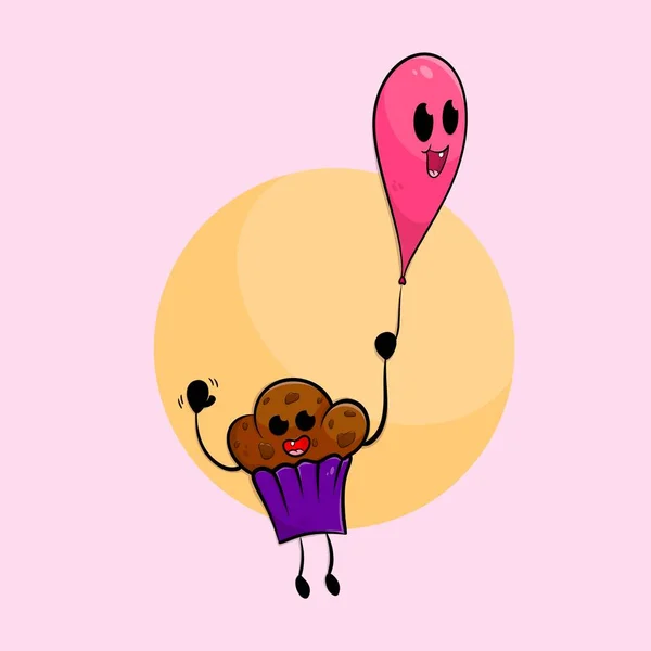 Kawaii Chocolate Cupcake Holding Happy Pink Balloon Flying Air — Stock Photo, Image