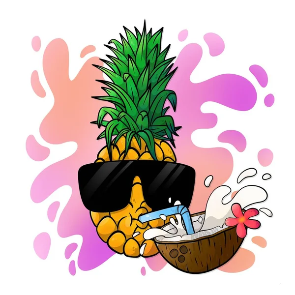Cool Pineapple Sunglasses Drinking Coconut Juice Straw Beautiful Summer Mood — Stock Photo, Image