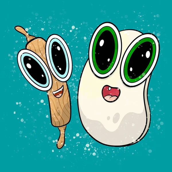 Mutlu kawaii yuvarlanan iğne ve hamurdan karakterler büyük çizgi film gözleri un ile uçan.
