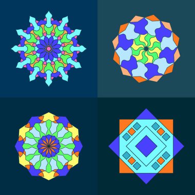 Vektör dairesel Arapça süs mandala koleksiyonu. Renkli geometrik İslami dekorasyon seti. İslam, Arapça, Hintçe, Türkçe, Pakistan, Çince, Osmanlıca motifler.