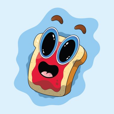 Sevimli, mutlu, kızarmış ekmek karakteri ve büyük çizgi film gözleri. Kawaii ekmeği çilekli reçelli sandviçle kızartılmış..