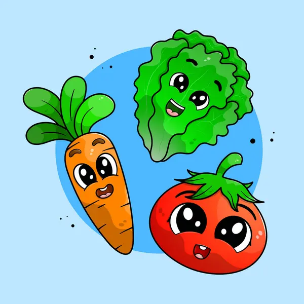 Kawaii sebze çizimleri. Mutlu havuç, domates ve marul çizgi filmleri..