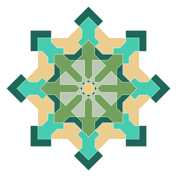 Renkli İslami süs mandala. Modern İslam, Arap, Hint, Türk, Pakistan, Çin ve Osmanlı dekorasyon motifleri. Yeşil geometrik mandala yıldızı.