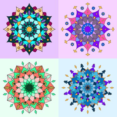 Renkli İslami süs mandala seti. Modern İslam, Arap dekorasyon motifleri. Soyut geometrik çiçek mandala koleksiyonu.