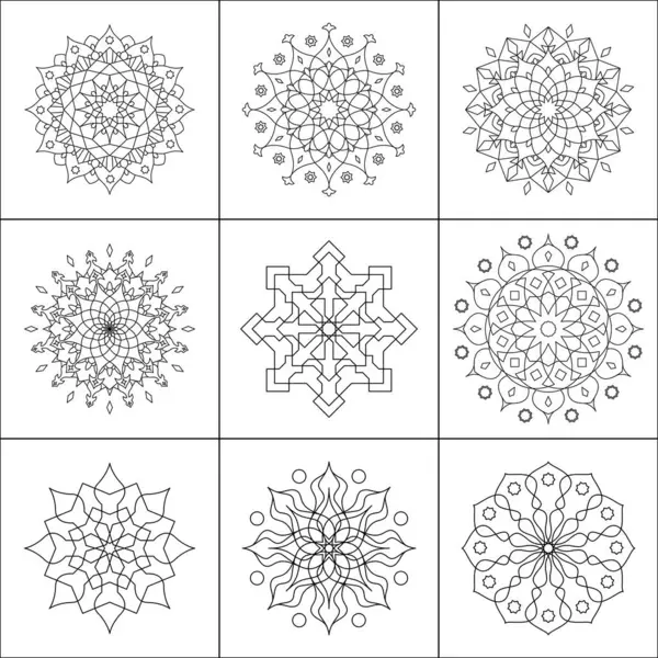 Siyah çizgiler İslami süs mandala seti. İslam, Arap, Hint, Türk, Pakistan, Çin ve Osmanlı dekorasyon motifleri koleksiyonu. Soyut çiçek mandalaları.