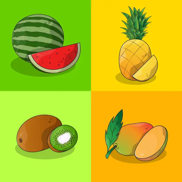 Bir dizi yaz meyvesi. Karpuz, kivi, mango, ananas çizimleri..