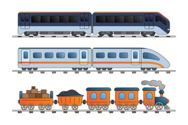 Modern ve klasik tren koleksiyonu. Eski ve elektrikli yüksek hızlı yolcu trenleri. Demiryolu seyahati ve demiryolu turizmi. Metro aktarmalı yeraltı treni. Çizgi film çizimi çizimi.