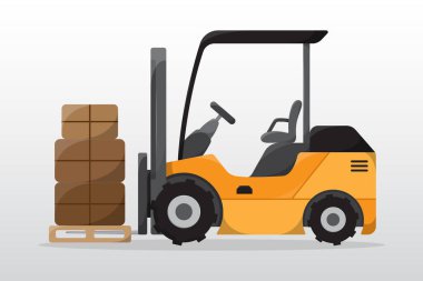 Çizgi film forklift çizimi. Forklift ve çatal uzantıları endüstriyel kargo lojistik kaldırma. Nakliye deposu ve inşaat hizmeti aracı.