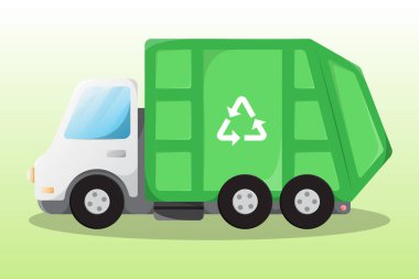 Çizgi film çöp kamyonu çizimi. Çöp geri dönüşümü ve yeniden kullanım. Çevre, doğa ve ekoloji bakımı, tehlikeli atıkların salınımını azaltma.