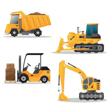 Sarı inşaat ekipmanları ayarlandı. İnşaat işleri için özel ağır makineler koleksiyonu. Forkliftler, kazıcılar, buldozerler ve çöp kamyonları..