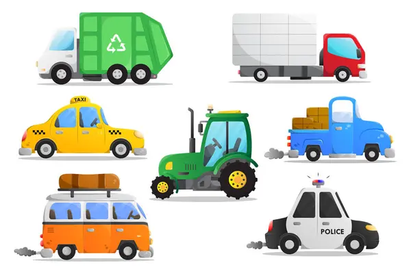 City transport passenger vehicles. Side view flat cartoon cars set. taxi, police car, tractor, garbage truck, Lorry van with box, vintage van. Colorful automobiles Collection.