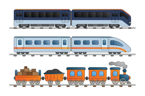 Modern and vintage train collection. Old and electric high speed passenger trains. Railroad travel and railway tourism. Subway transport underground train. Cartoon train set illustration.