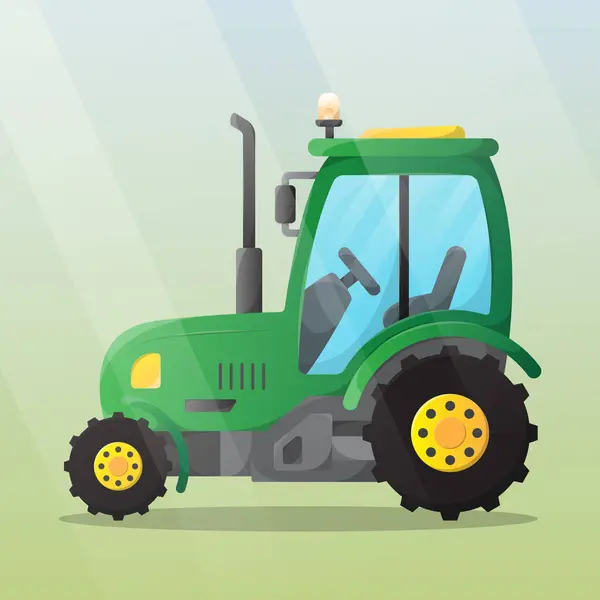 Side view green cartoon tractor illustration. Heavy machine for working in the field, growing and collecting ecological farm products. Agricultural machinery.