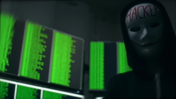 Cyber Hacker White Mask Disguise Hacking Computer System Hacker Written — Vídeos de Stock
