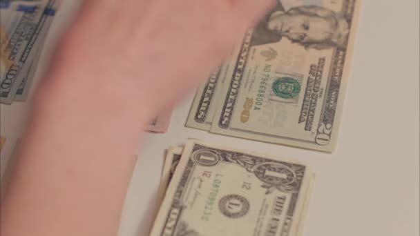 Beyaz Kadın Elleri Banknotlara Göre Amerikan Paralarını Biriktirip Düzenliyor Arri — Stok video