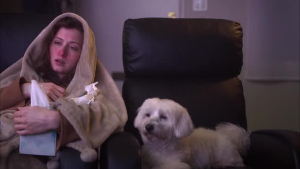 Mulher Branca Bonita Assistindo Filme Doente Usando Tecidos Com Cão — Vídeo de Stock