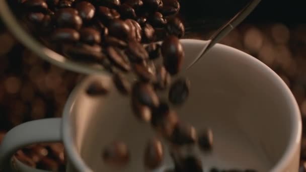 Koffie Bonen Uit Werper Mok Gieten Slow Motion Schot Met — Stockvideo