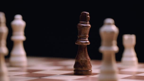 Caucasian Woman Hand Knocks King Chess Piece Rotating Chess Board — Stockvideo