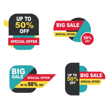Satış Logosu Bayrağı, renkli indirimli indirimli satış reklamları, dört adet özel indirim etiketi.