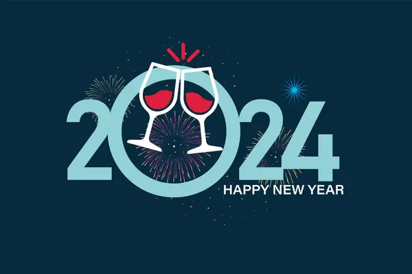 2024 Happy New Year Card Wine Glass Fireworks Vector — Stock Vector