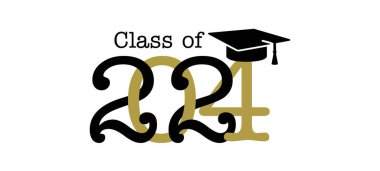 2024 sınıfı, kelime harfleri pankartı Akademik şapkalı mezuniyet mektubunu kutluyor