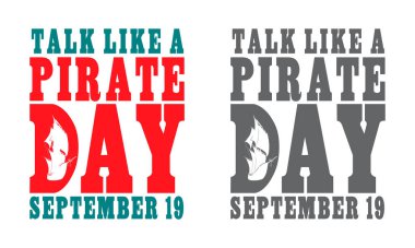 Korsan günü retro rozeti gibi konuşuyorsunuz. Üzerinde bayraklı vektör illüstrasyonları var.