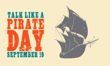 Korsan günü retro rozeti gibi konuşuyorsunuz. Üzerinde bayraklı vektör illüstrasyonları var.