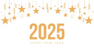 2025 Happy New Year Fireworks gold border stars Web Banner design. Happy New Year Wishes Greetings Background Template. Happy New Year 2025 clipart