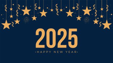 2025 Mutlu Yıllar Havai fişekler altın sınır yıldızları Web Banner tasarımı. Mutlu Yıllar Geçmiş Kutlamalar Şablonu. Mutlu yıllar 2025