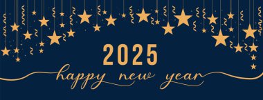 2025 Mutlu Yıllar Altın Yıldızlar Web Sancak Tasarımı. Mutlu Yıllar Geçmiş Kutlamalar Şablonu. Mutlu yıllar 2025
