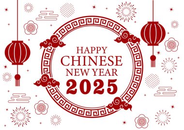 Mutlu Çin Yeni Yılı 2025, Altın Grafik elementli Çin burcu yılan sembolü Afiş, poster, post tasarımı kırmızı renkli modern tasarım, kart için altın renkler, afiş