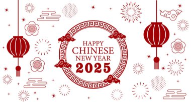 Mutlu Çin Yeni Yılı 2025, Altın Grafik elementli Çin burcu yılan sembolü Afiş, poster, post tasarımı kırmızı renkli modern tasarım, kart için altın renkler, afiş