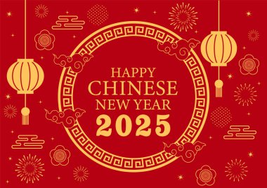 Mutlu Çin Yeni Yılı 2025, Altın Grafik elementli Çin burcu yılan sembolü Afiş, poster, post tasarımı kırmızı renkli modern tasarım, kart için altın renkler, afiş