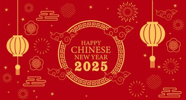 Mutlu Çin Yeni Yılı 2025, Altın Grafik elementli Çin burcu yılan sembolü Afiş, poster, post tasarımı kırmızı renkli modern tasarım, kart için altın renkler, afiş
