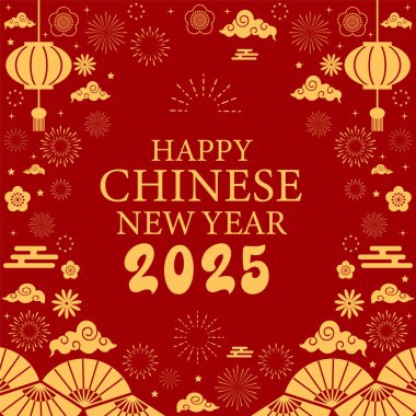 Mutlu Çin Yeni Yılı 2025, Altın Grafik elementli Çin burcu yılan sembolü Afiş, poster, post tasarımı kırmızı renkli modern tasarım, kart için altın renkler, afiş