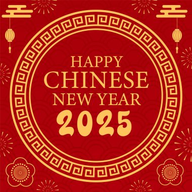 Mutlu Çin Yeni Yılı 2025, Altın Grafik elementli Çin burcu yılan sembolü Afiş, poster, post tasarımı kırmızı renkli modern tasarım, kart için altın renkler, afiş