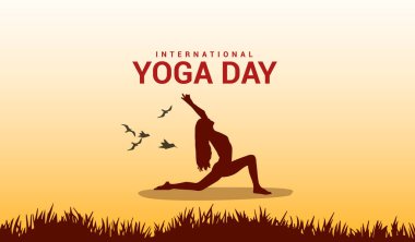 Uluslararası yoga günü afişi veya poster tasarımı Kadın yoga poz iletisi, Banner, Arkaplan illüstrasyonu