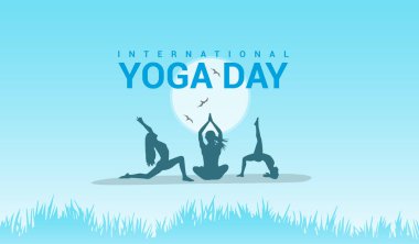 Uluslararası yoga günü afişi veya poster tasarımı Kadın yoga poz iletisi, Banner, Arkaplan illüstrasyonu