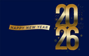 2026 Mutlu yıllar yeni yıl tebrik kartı, yeni yıl kartı - 2026 yılının maytap yazı tipi ve havai fişek izole arka planı