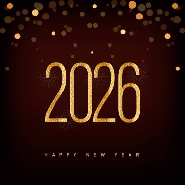 2026 Mutlu yıllar tebrik kartı, maytap yazı tipi ve havai fişek izole edilmiş arka plan