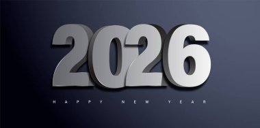 2026 Mutlu yıllar tebrik kartı, maytap yazı tipi ve havai fişek izole edilmiş arka plan