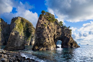 Nishiizu, Japonya 'daki Ushima kıyısındaki garip şekilli kayaların görüntüsü.