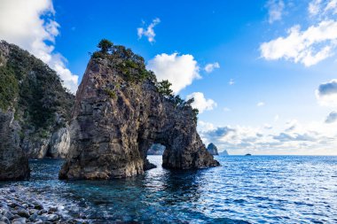 Nishiizu, Japonya 'daki Ushima kıyısındaki garip şekilli kayaların görüntüsü.