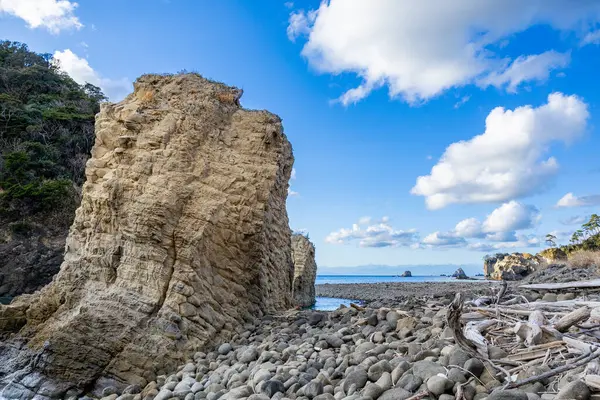 stock image View of strangely shaped rocks on the Ushima coast in Nishiizu, Japan.