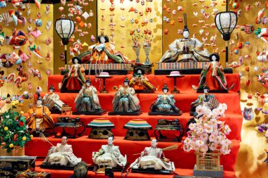 Very beautiful Hina dolls decorating the platform.