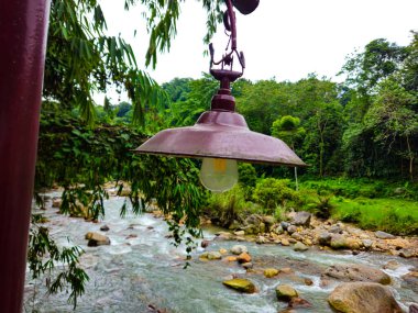 Yıpranmış metal bir gölgesi olan büyüleyici bir kırsal lamba yemyeşil bir nehir kenarına kurulmuş. Dağılmış kayalarla akan nehir huzur ve doğal bir ortam ekler.