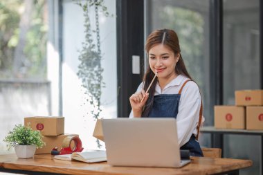 Küçük işletme girişimcisi KME, kutuda kumaş paketleyen Asyalı kadın. Portre genç Asyalı küçük işletme sahibi ev sahibi, çevrimiçi satış pazarlama teslimatı, KME e-ticaret tele pazarlama kavramı.