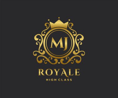 Altın Harf MJ logosu. Taçlı lüks altın harf. Monogram alfabesi. Güzel kraliyet baş harfleri